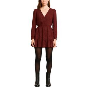 Zara Mini Dress Women's Medium Red Abstract Dot V Neck Ruffle Hem Flow